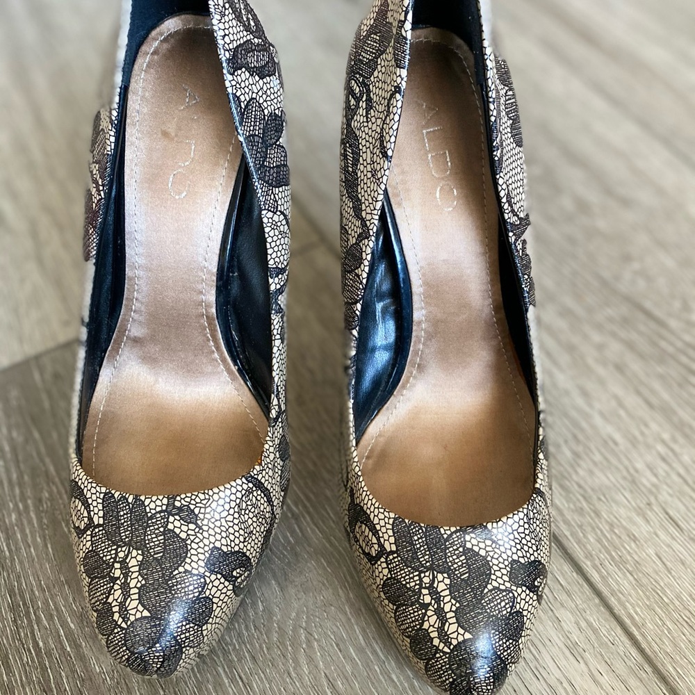 ALDO Beige Black Faux Lace Print Pumps - Picture 2 of 9